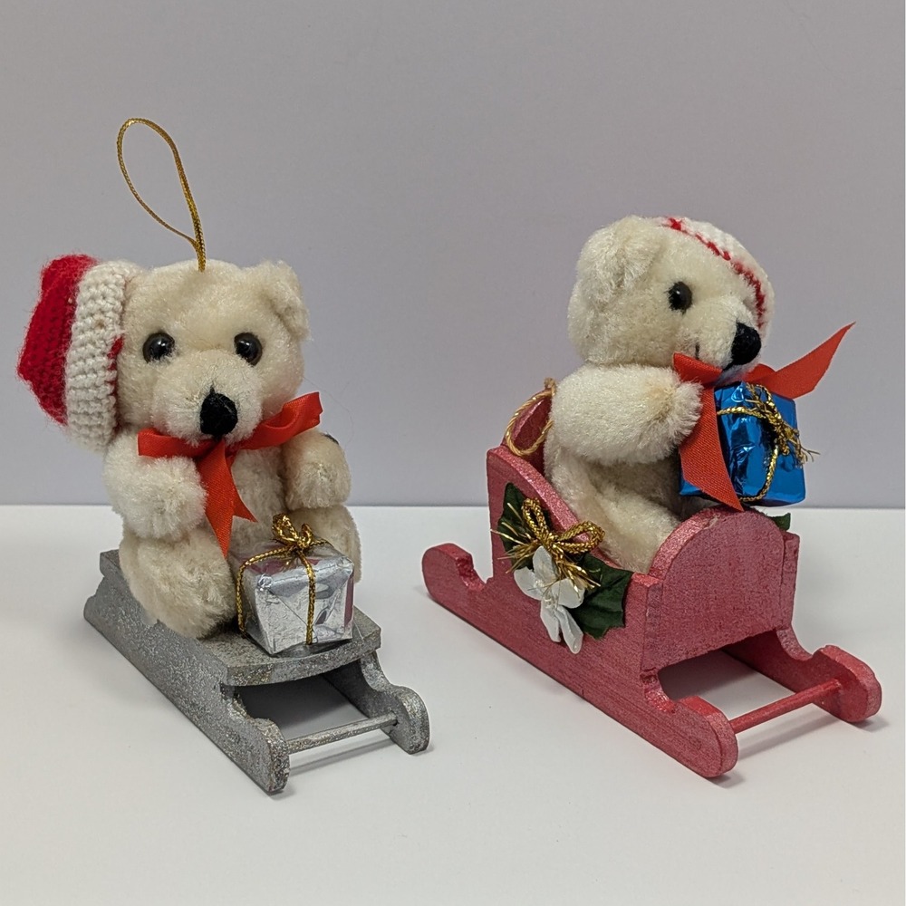VTG Christmas Teddy Bear Sled Ornaments Set 2 Red Silver Festive Holiday Decor